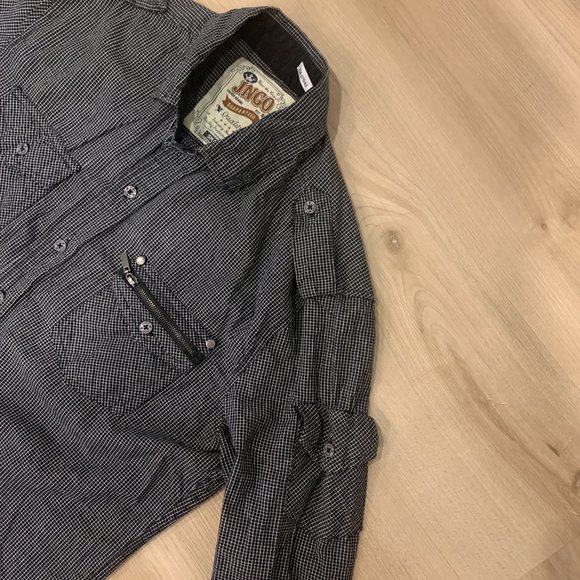 Vintage JNCO Men's size Small black checkered long sleeve button up shirt - Picture 6 of 9